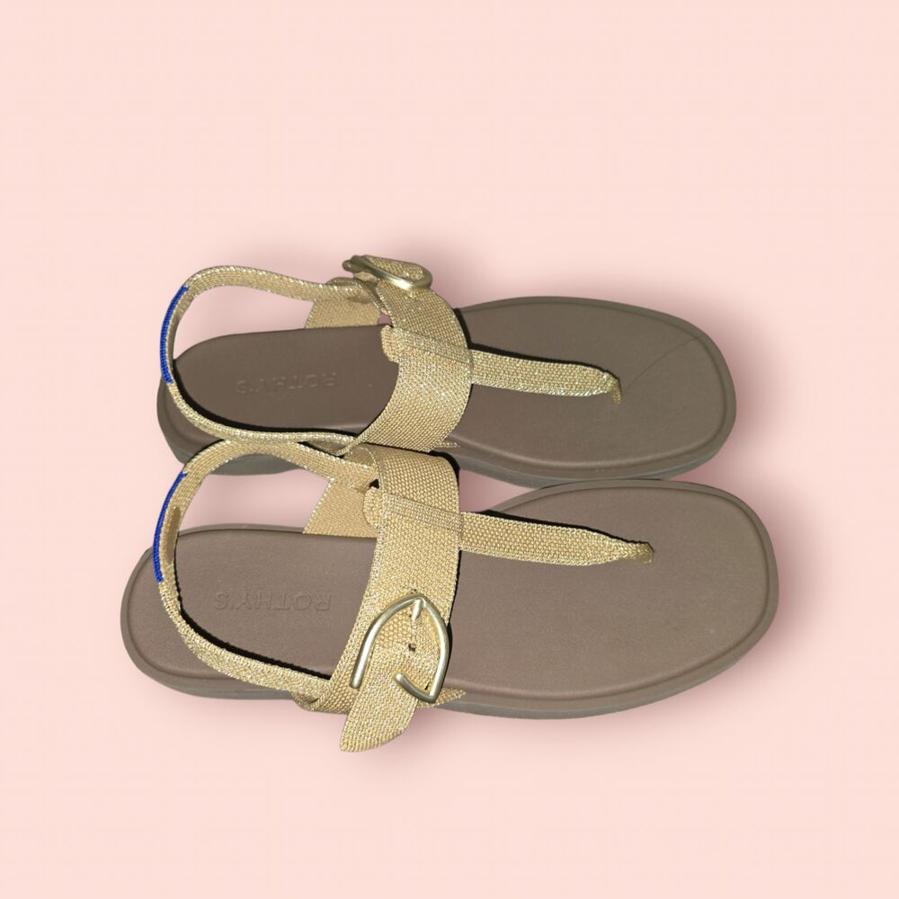 Rothy’s The T-Strap Sandal Metallic Golden Sun Gold Sz 10 Recycled Comfort Flat